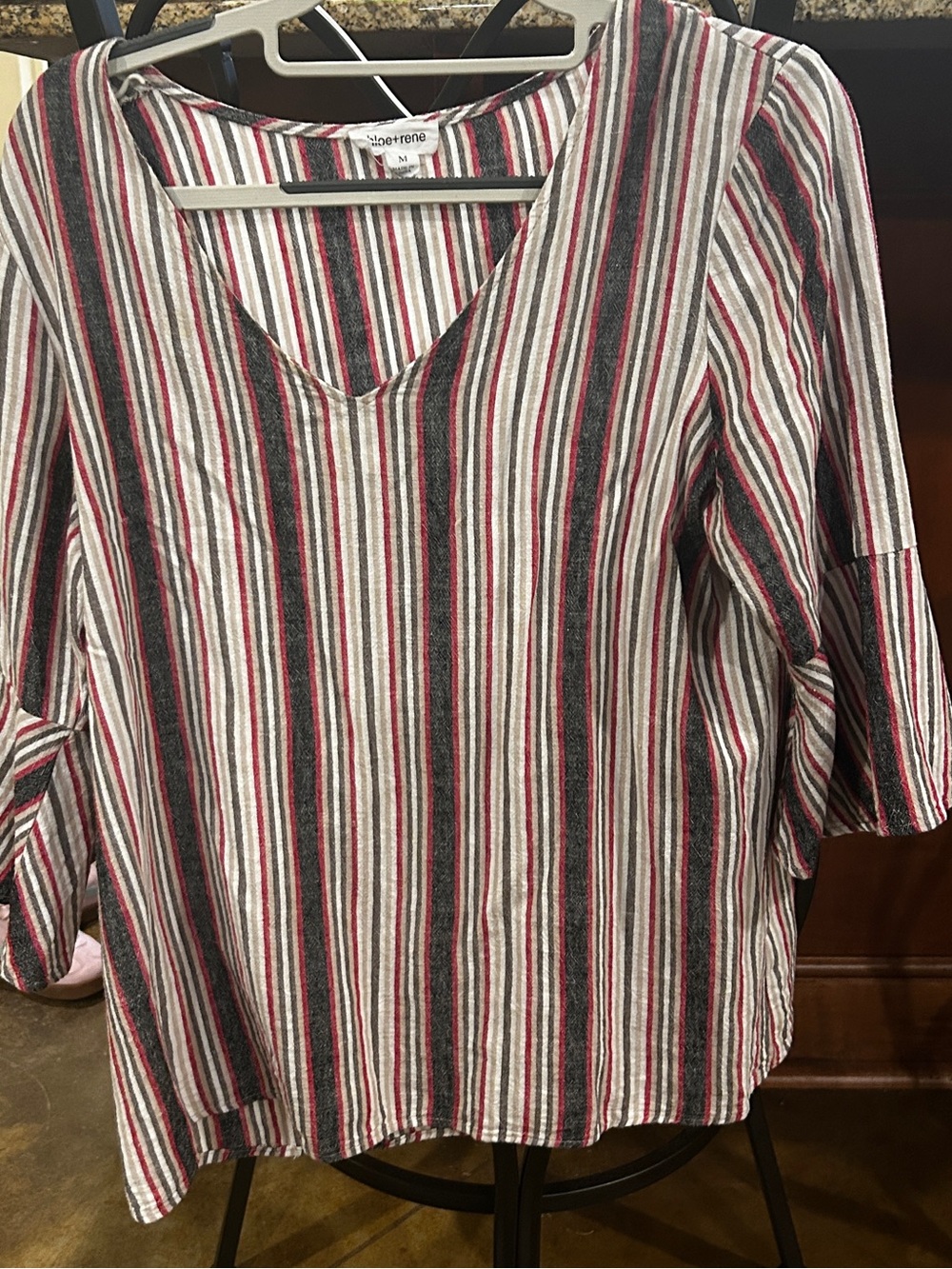 Chloe + Rene Women’s Striped V-Neck Blouse in Red, Gray & White